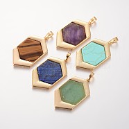 Hexagon Golden Tone Brass Gemstones Pendants, 44x24x3mm, Hole: 5x8mm(G-O130-01)