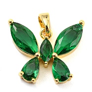 Brass Pave Cubic Zirconia Pendants, Real 14K Gold Plated, Butterfly, Green, 15x18.5x4mm, Hole: 4x3mm(KK-Q794-01A-G)