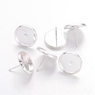 Brass Ear Studs Settings, Silver Color Plated, Tray: 12mm, 12mm, Pin: 0.7mm(IFIN-Q005-S)