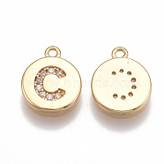 Brass Cubic Zirconia Charms, Flat Round with Letter, Nickel Free, Real 18K Gold Plated, Clear, Letter.C, 12x10x2mm, Hole: 1mm(KK-T038-194G-C)