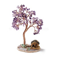 Natural Amethyst & Green Aventurine Tree Display Decoration, Resin Mini House on Agate Slice Base Feng Shui Ornament for Wealth, Luck, Rose Gold Brass Wires Wrapped, 77~83x95~137x185~195mm(DJEW-G027-04RG-01)