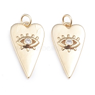 Brass Micro Pave Cubic Zirconia Pendants, with Jump Rings, Long-Lasting Plated, Heart with Evil Eye, Real 18K Gold Plated, Clear, 24.5x13.5x3mm, Jump Ring: 5x0.8mm, 3.2mm Inner Diameter(ZIRC-I042-01D)