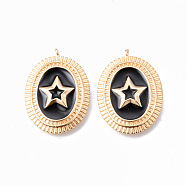 Brass Enamel Pendants, Nickel Free, Oval with Star, Real 18K Gold Plated, Black, 23.5x17.5x2.5mm, Hole: 0.8mm(KK-N232-196-NF)