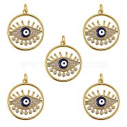 5Pcs Brass Micro Pave Cubic Zirconia Pendants, with Enamel, Long-Lasting Plated, Cadmium Free & Lead Free, Real 18K Gold Plated, Flat Round with Evil Eye, Blue, 22x20x3mm, Hole: 3.6mm(ZIRC-SZ0002-71A)