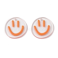 Transparent Printed Acrylic Pendants, Flat Round with Smiling Face Charm, Coral, 20.5~21x20~21x2mm, Hole: 1.6mm(TACR-P005-01D)