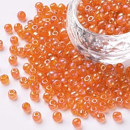 6/0 Round Glass Seed Beads, Transparent Colours Rainbow, Round Hole, Orange Red, 6/0, 4mm, Hole: 1.5mm, about 500pcs/50g, 50g/bag, 18bags/2pounds(SEED-US0003-4mm-169B)