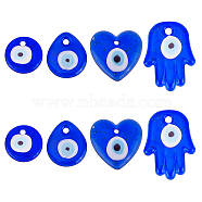 8Pcs 4 Style Handmade Evil Eye Lampwork Pendants, Palm & Heart & Flat Round & Teardrop, Blue, 34~50x30~36x5~7.5mm, Hole: 3.5~4.8mm, 2pcs/style(LAMP-FH0001-04)