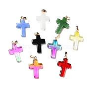 Glass Pendants, with Golden Plated Iron Findings, Cross, Mixed Color, 28.5x18x4.5mm, Hole: 5.5x3mm(GLAA-A004-02)