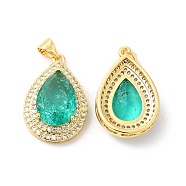Real 16K Gold Plated Brass Micro Pave Cubic Zirconia Pendants, with Glass, Teardrop Charms, Green, 23.5x16x7mm, Hole: 5x3.5mm(ZIRC-L103-062G-02)