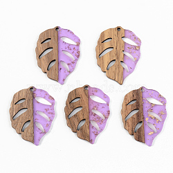 Transparent Resin & Walnut Wood Pendants, with Gold Foil, Leaf, Lilac, 37x28x3mm, Hole: 2mm(RESI-S389-003A-B01)