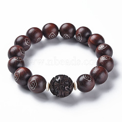Sandalwood Mala Bead Bracelets, Buddhist Jewelry, Stretch Bracelets, Round with Auspicious Cloud, Coconut Brown, Inner Diameter: 2-1/8 inch(5.5cm)(BJEW-N010-009)