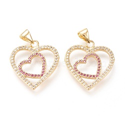 Brass Micro Pave Clear Cubic Zirconia Pendants, Long-Lasting Plated, Double Heart, Colorful, Golden, 20.5x19x2mm, Hole: 5x4mm(ZIRC-L096-26G)