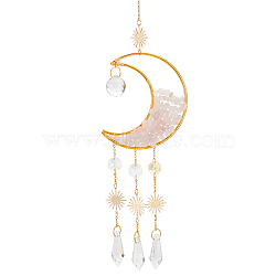 Crystal Chandelier Glass Bullet Pendant Decorations, Hanging Sun Catchers, with Natural Rose Quartz Chips Beads, for Home Decoration, Moon & Sun, Golden, 418mm(HJEW-PH01778-04)