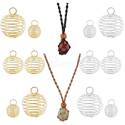 SUNNYCLUE 32Pcs 8 Style Iron Wire Pendants, Spiral Bead Cage Pendants, Round, with Necklace Cord Empty Stone Holder, Mixed Color, Pendant: 15~30x14~25mm, Hole: 4~6mm(IFIN-SC0001-36)