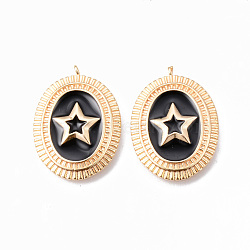 Brass Enamel Pendants, Nickel Free, Oval with Star, Real 18K Gold Plated, Black, 23.5x17.5x2.5mm, Hole: 0.8mm(KK-N232-196-NF)