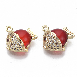 Brass Clear Micro Pave Cubic Zirconia Pendants, with Glass, Nickel Free, Fish, Red, Real 18K Gold Plated, 15x13x5.5mm, Hole: 1.2mm(KK-S348-497-NF)