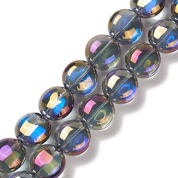 Transparent Electroplate Glass Bead Strands, Rainbow Plated, Flat Round, Purple, 12x8mm, Hole: 1.2mm, about 50pcs/strand, 24.41''(62cm)