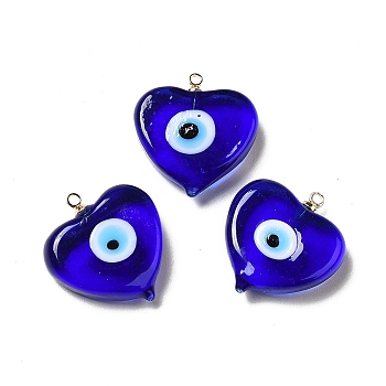 Handmade Lampwork Pendants, with Real 18K Gold Plated Plated Brass Finding, Cadmium Free & Lead Free, Heart with Evil Eye, Blue, 19.5x18.2x5mm, Hole: 1.4mm