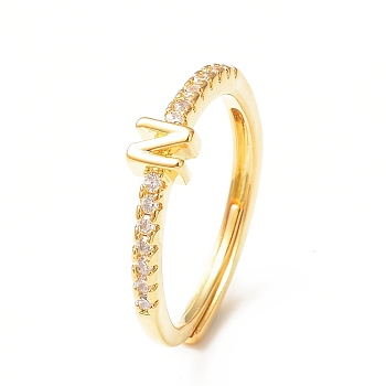 Clear Cubic Zirconia Initial Letter Adjustable Ring, Golden Brass Jewelry for Women, Letter.N, Inner Diameter: 18mm