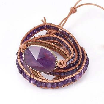 5-Loops Leather Cord Wrap Bracelets, with Glass Beads Natural Amethyst, Synthetic Hematite and Alloy Findings, Purple, 35.4 inch(90cm), 7~11mm, Pendant: 42~46x25~29x7~11mm