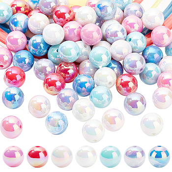 Elite 70Pcs 7 Styles UV Plating Opaque Acrylic Beads, Round, Mixed Color, 15~15.5x15.5~16mm, hole: 2.7~2.8mm