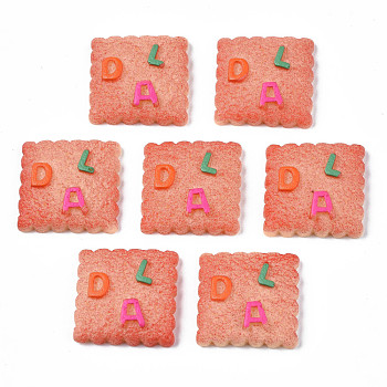 Opaque Epoxy Resin Cabochons, Imitation Food, Biscuits with Letter, Salmon, 22.5x22.5x6.5mm
