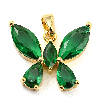 Brass Pave Cubic Zirconia Pendants, Real 14K Gold Plated, Butterfly, Green, 15x18.5x4mm, Hole: 4x3mm