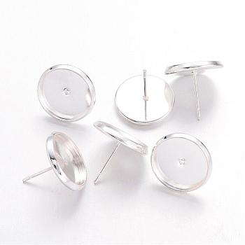 Brass Ear Studs Settings, Silver Color Plated, Tray: 12mm, 12mm, Pin: 0.7mm