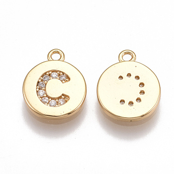 Brass Cubic Zirconia Charms, Flat Round with Letter, Nickel Free, Real 18K Gold Plated, Clear, Letter.C, 12x10x2mm, Hole: 1mm