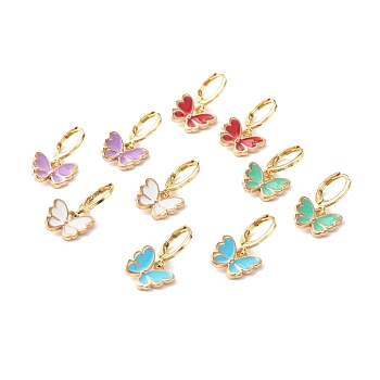 Butterfly Enamel Dangle Huggie Hoop Earrings, Alloy Charm Drop Earrings for Girl Women, Golden, Mixed Color, 22mm, Pin: 1mm
