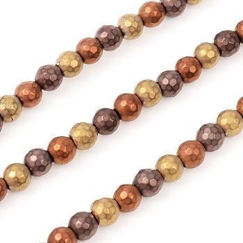 Vacuum Plating Non-magnetic Synthetic Hematite Beads Strands, Matte Style, Round, Faceted, Mixed Color, 6mm, Hole: 1mm, about 67pcs/Strand, 14.57 inch(37cm)
