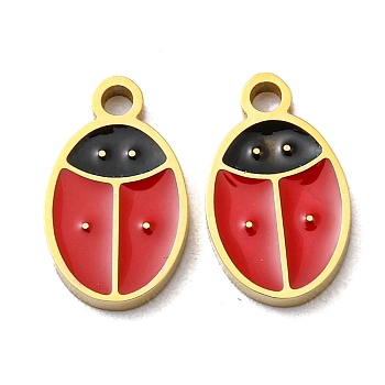 304 Stainless Steel Charms, with Enamel, Ladybird Charm, Real 14K Gold Plated, 10x6x1mm, Hole: 1.2mm