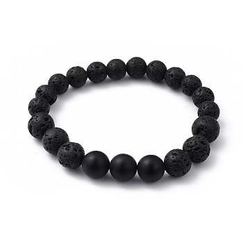 Natural Black Agate(Dyed) & Lava Rock Beaded Stretch Bracelets, Round, Inner Diameter: 2 inch(5.2cm), Beads: 8.5mm and 10.5mm