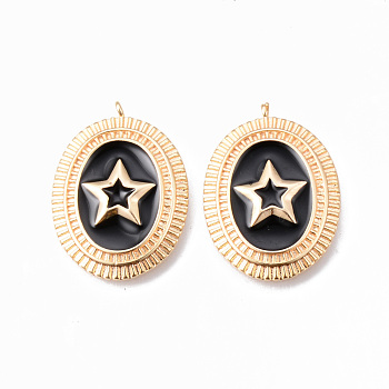 Brass Enamel Pendants, Nickel Free, Oval with Star, Real 18K Gold Plated, Black, 23.5x17.5x2.5mm, Hole: 0.8mm