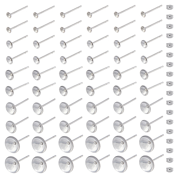 250Pcs 5 Size 304 Stainless Steel Post Stud Earring Findings, Prong Earring Settings, with 250Pcs Ear Nuts, Stainless Steel Color, 3~8mm, Pin: 0.8mm, 50Pcs/size