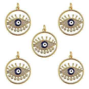 5Pcs Brass Micro Pave Cubic Zirconia Pendants, with Enamel, Long-Lasting Plated, Cadmium Free & Lead Free, Real 18K Gold Plated, Flat Round with Evil Eye, Blue, 22x20x3mm, Hole: 3.6mm