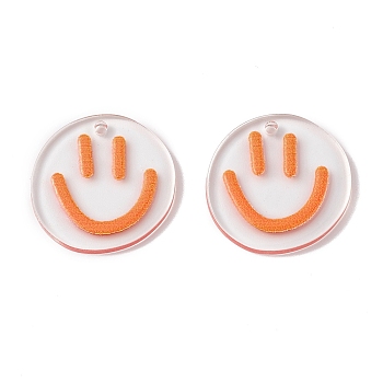 Transparent Printed Acrylic Pendants, Flat Round with Smiling Face Charm, Coral, 20.5~21x20~21x2mm, Hole: 1.6mm