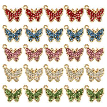 25Pcs Alloy Pendants, with Cubic Zirconia, Golden, Butterfly, Mixed Color, 12x15mm, Hole: 2mm