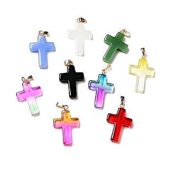 Glass Pendants, with Golden Plated Iron Findings, Cross, Mixed Color, 28.5x18x4.5mm, Hole: 5.5x3mm