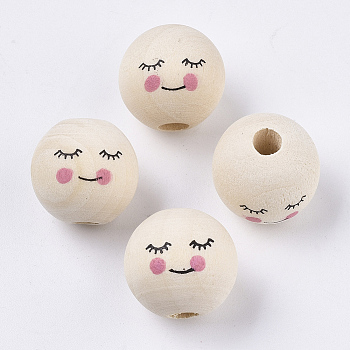 Natural Wood European Beads, Printed, Large Hole Beads, Round, Old Lace, 15~16mm, Hole: 4mm, about 200pcs/bag