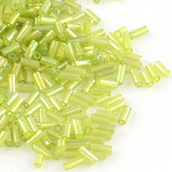 AB Color Plated Glass Bugle Beads, Transparent Colours Rainbow, Green Yellow, 4~4.5x2mm, Hole: 1mm, about 450g/bag, 14000pcs/bag