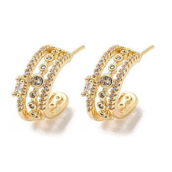 Brass with Cubic Zirconia Round Stud Earrings, Half Hoop Earrings, Light Gold, 17.5x6mm