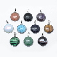 Natural & Synthetic Mixed Stone Pendants, with 201 Stainless Steel Findings, Flat Round, Stainless Steel Color, 31x26.5x7.5mm, Hole: 5x8mm(KK-E757-B-P)