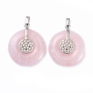 Natural Rose Quartz Pendants, with Platinum Tone Brass Findings, Donut/Pi Disc with Flower, 35.5x30x8.5~9.5mm, Hole: 4.5x6.5mm(G-F640-C03)