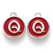 Platinum Plated Alloy Enamel Charms, Cadmium Free & Lead Free, Enamelled Sequins, Flat Round with Letter, Red, Letter.Q, 14x12x2mm, Hole: 1.5mm(ENAM-S118-03Q-P)