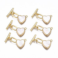 Brass Toggle Clasps, with Freshwater Shell, Nickel Free, Heart, Real 18K Gold Plated, 26mm long, Bar: 15.5x4x2mm, hole: 1.5mm, Jump Ring: 5x1mm, Inner Diameter: 3mm, Heart: 21x15x2.5mm, Hole: 1.6mm(KK-T063-88G-NF)