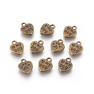 Tibetan Style Alloy Charms, Lead Free & Nickel Free, Heart with word Love My Dog, Antique Bronze, 13x10x3mm, Hole: 2mm(X-TIBEP-A123278-AB-FF)