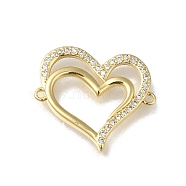 Rack Plating Brass Micro Pave Clear Cubic Zirconia Double Heart Links Connector Charms, Long-Lasting Plated, Lead Free & Cadmium Free, Real 18K Gold Plated, 18x20.5x2mm, Hole: 1.2mm(KK-K373-11B-G)