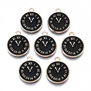 Light Gold Plated Alloy Double Side Enamel Pendants, Cadmium Free & Lead Free, Flat Round with Clock & Roman Numerals, Black, 17x14x2mm, Hole: 1.6mm(ENAM-Q033-11B-A-RS)