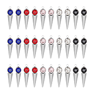 30Pcs 5 Colors 202 Stainless Steel Pendants, with Rhinestones, Cone/Spike Charm, Stainless Steel Color, Mixed Color, 23x6x5mm, Hole: 1.2mm, 6pcs/color(STAS-UN0049-61)